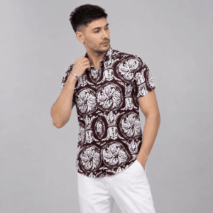 Scanshop India Men Comfort Fit Brown Floral Printed Spread Collar Casual Shirt