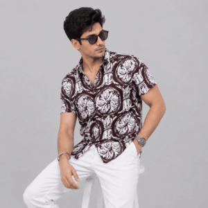 Scanshop India Men Comfort Fit Brown Floral Printed Spread Collar Casual Shirt