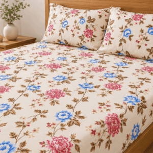 Scanshop India Cream-Coloured Floral Falt Double bedsheet with 2 pillows