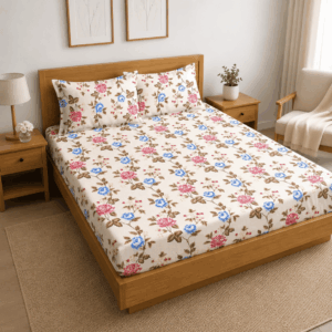 Scanshop India Cream-Coloured Floral Falt Double bedsheet with 2 pillows