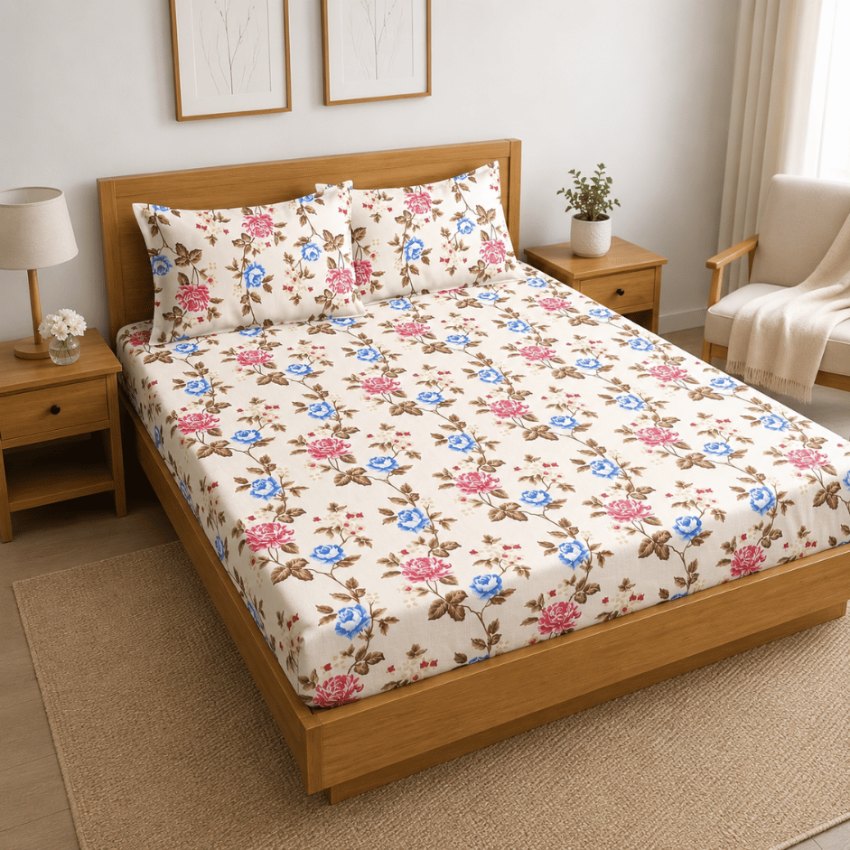 Scanshop India Cream-Coloured Floral Falt Double bedsheet with 2 pillows 3