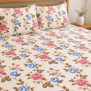 Scanshop India Cream-Coloured Floral Falt Double bedsheet with 2 pillows