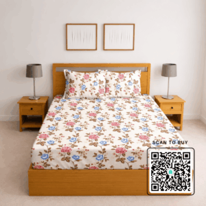 Scanshop India Cream-Coloured Floral Falt Double bedsheet with 2 pillows