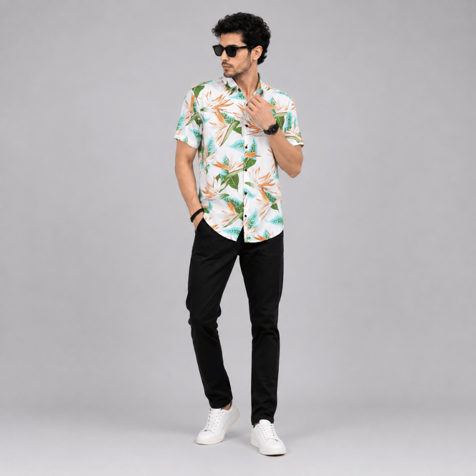 Scanshop India Men Comfort Fit White Floral Printed Spread Collar Casual Shirt 4