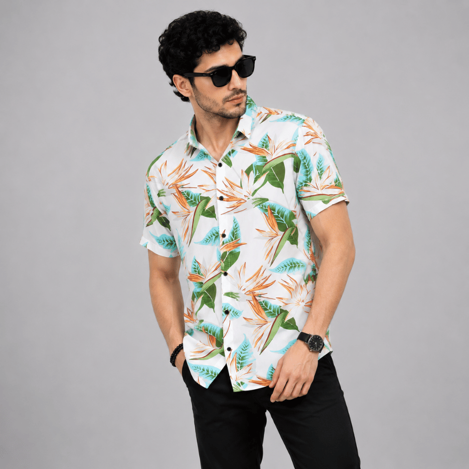 Scanshop India Men Comfort Fit White Floral Printed Spread Collar Casual Shirt 3