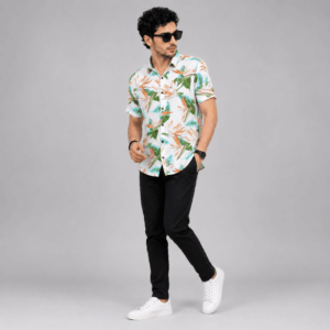 Scanshop India Men Comfort Fit White Floral Printed Spread Collar Casual Shirt