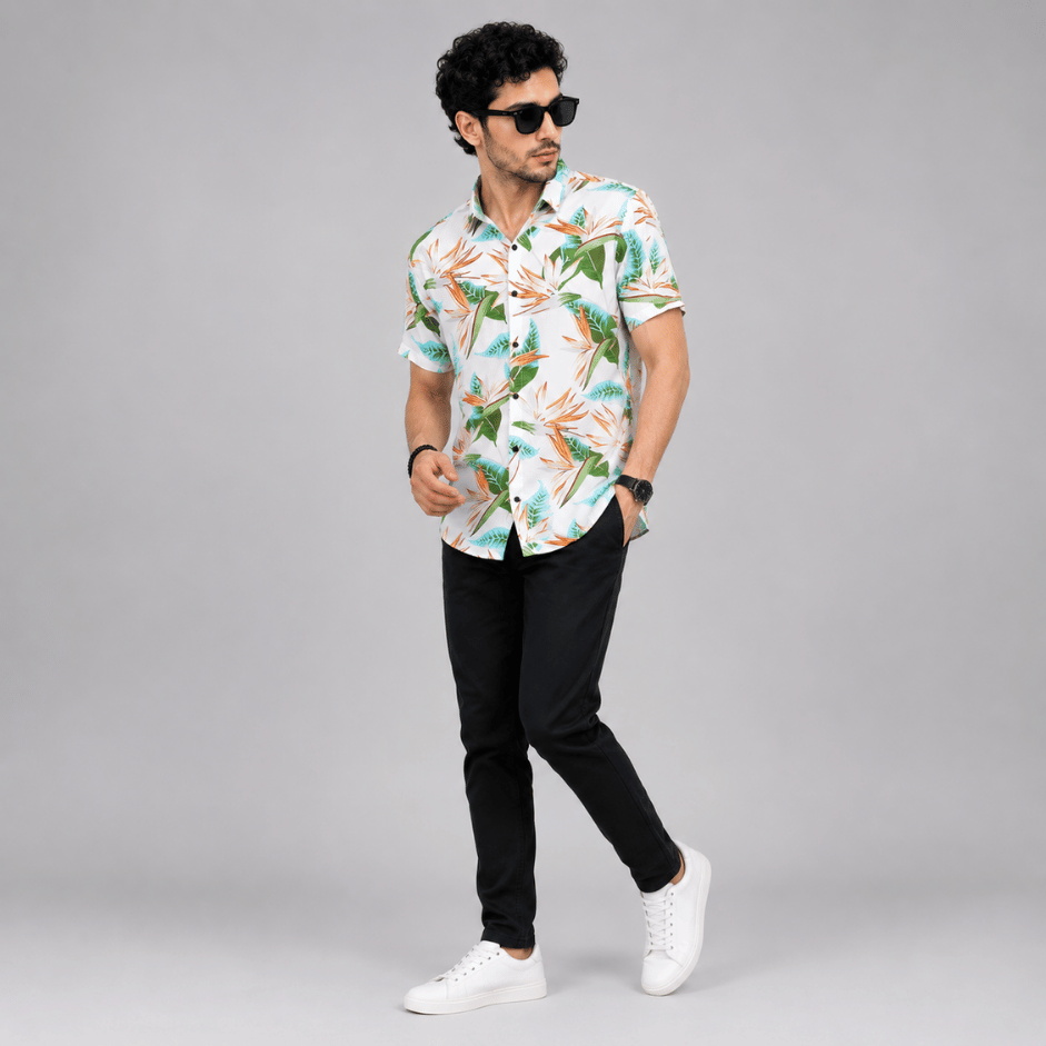 Scanshop India Men Comfort Fit White Floral Printed Spread Collar Casual Shirt 2