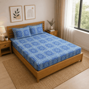 Scanshop India Blue Ethnic Motifs King Bedsheet with 2 Pillow Covers