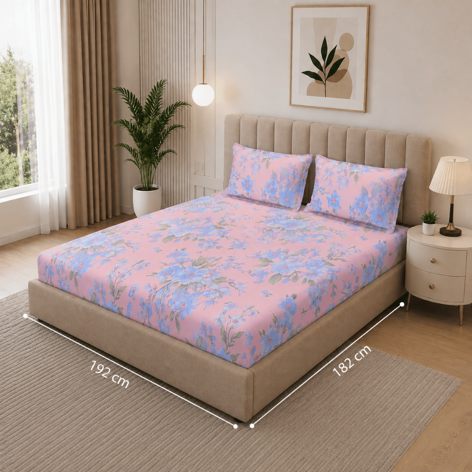 Scanshop India Blue & Green Floral Microfiber 210 TC Fitted Double Queen Bedsheet 4