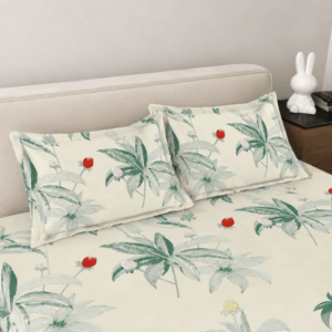 Scanshop India Cream-Coloured & Green Floral 300 TC Queen Bedsheet with 2 Pillow Covers