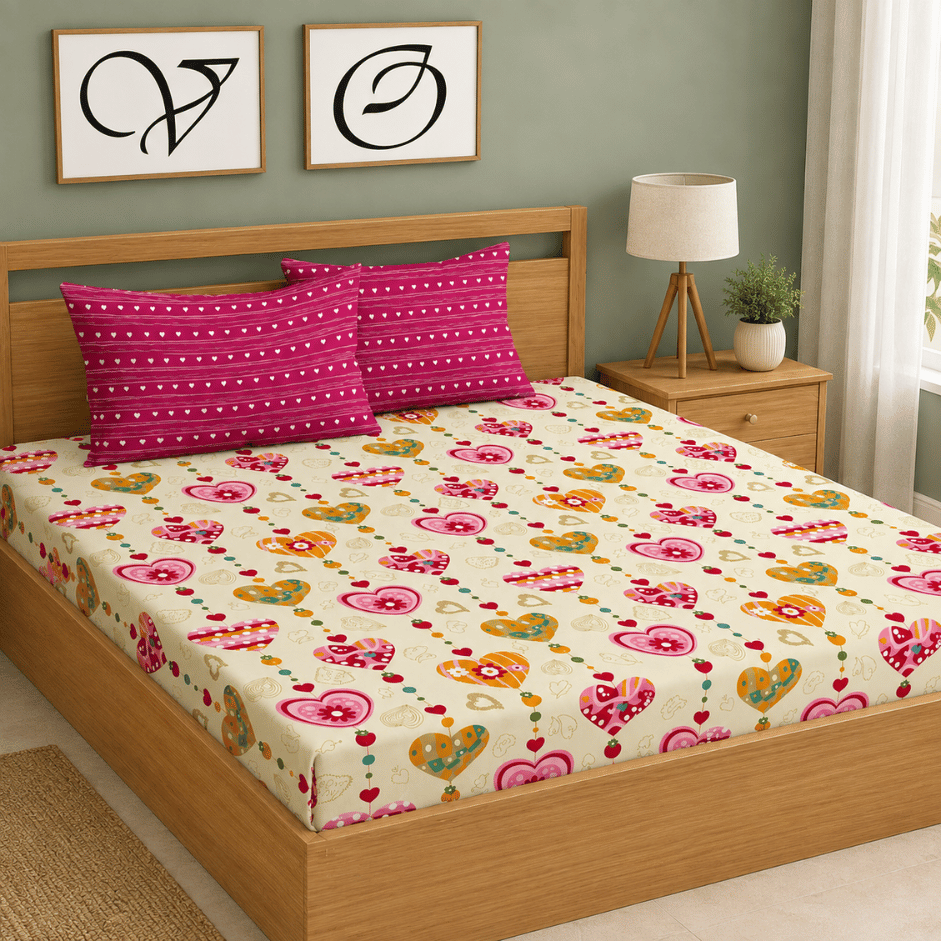 Scanshop India Cream-Coloured & Pink Floral Queen Bedsheet 4