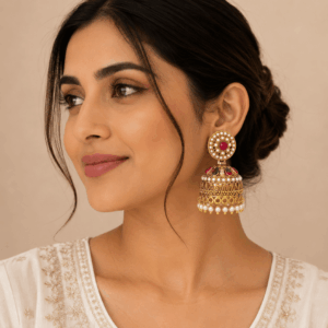 Scanshop India Gold-Plated Kundan Studded And Pearls Beaded Dome Shaped Jhumkas