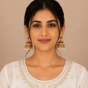 Scanshop India Gold-Plated Kundan Studded And Pearls Beaded Dome Shaped Jhumkas