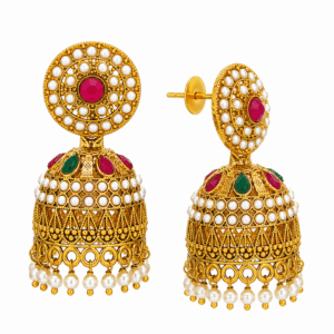 Scanshop India Gold-Plated Kundan Studded And Pearls Beaded Dome Shaped Jhumkas
