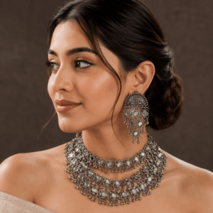 Scanshop India Oxidized Mirror Work Layered Necklace & Earrings