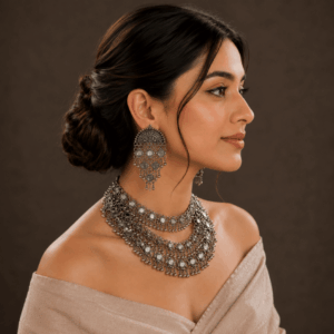 Scanshop India Oxidized Mirror Work Layered Necklace & Earrings