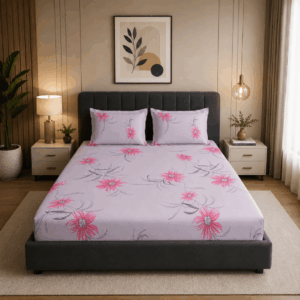 Scanshop India Pink Floral Microfiber 210 TC Fitted Double Queen Bedsheet