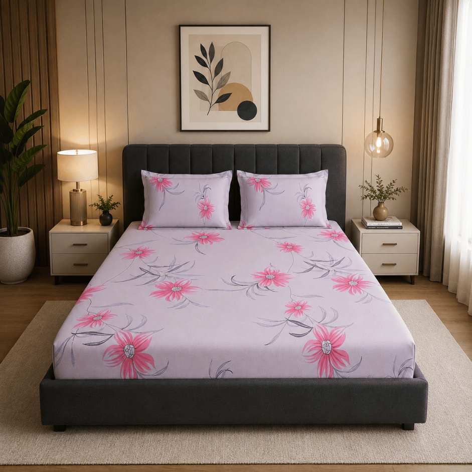 Scanshop India Pink Floral Microfiber 210 TC Fitted Double Queen Bedsheet 3