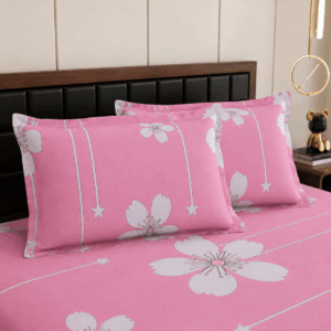 Scanshop India Pink & White Floral Microfiber 210 TC Fitted Double Queen Bedsheet