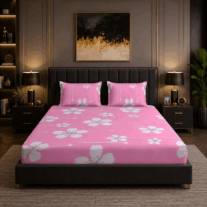 Scanshop India Pink & White Floral Microfiber 210 TC Fitted Double Queen Bedsheet