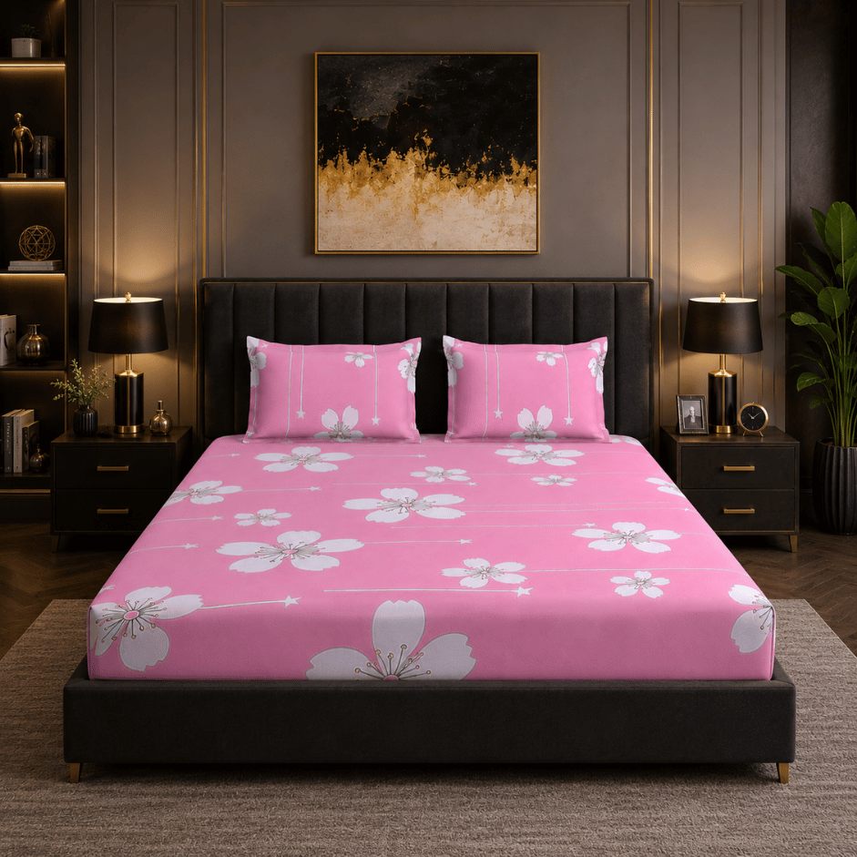 Scanshop India Pink & White Floral Microfiber 210 TC Fitted Double Queen Bedsheet 3