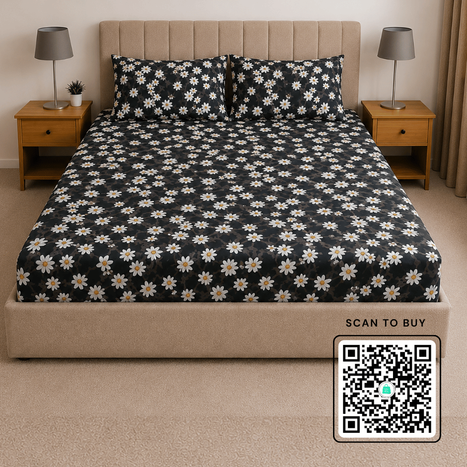 Scanshop India Black Floral Bedsheet with 2 Pillow Covers