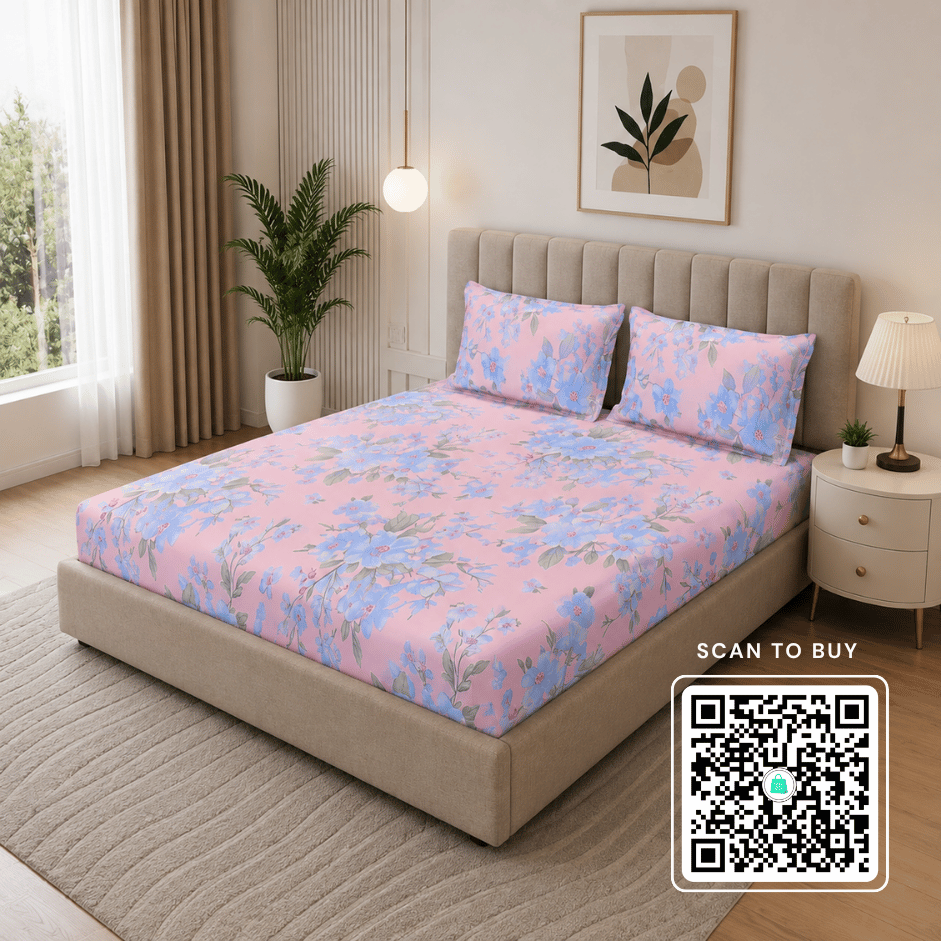 Scanshop India Blue & Green Floral Microfiber 210 TC Fitted Double Queen Bedsheet