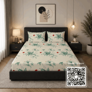 Scanshop India Cream-Coloured & Green Floral 300 TC Queen Bedsheet with 2 Pillow Covers