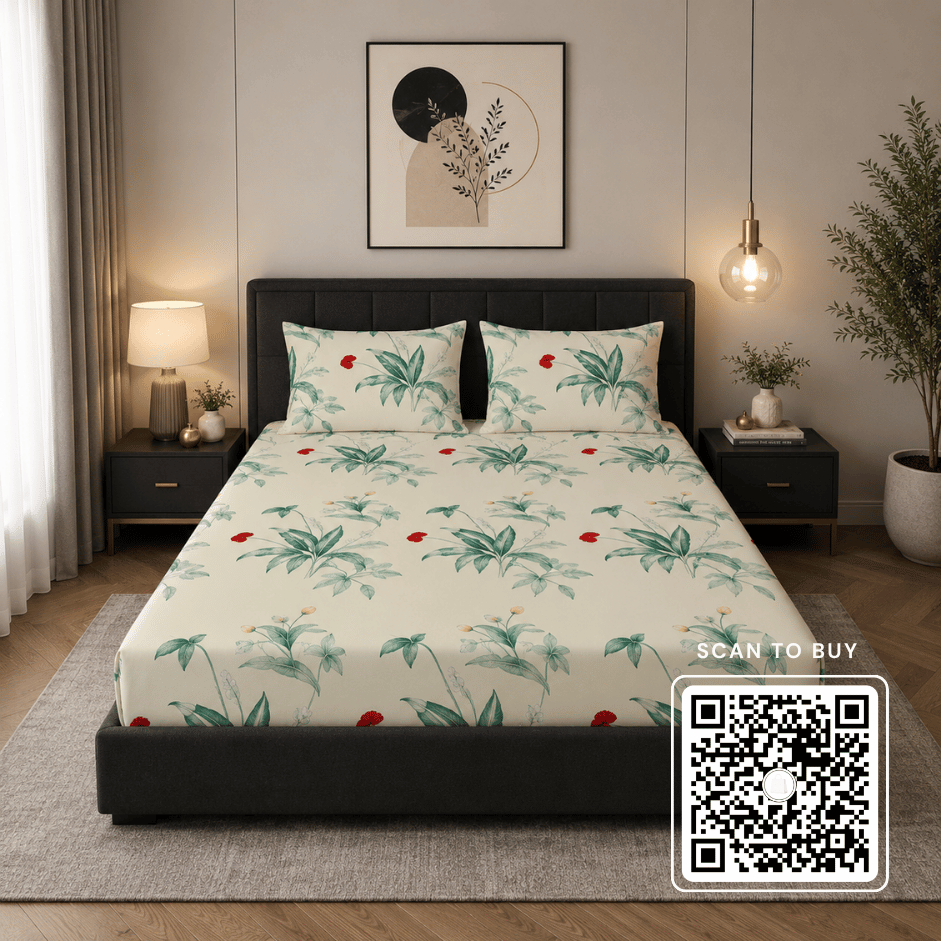 Scanshop India Cream-Coloured & Green Floral 300 TC Queen Bedsheet with 2 Pillow Covers