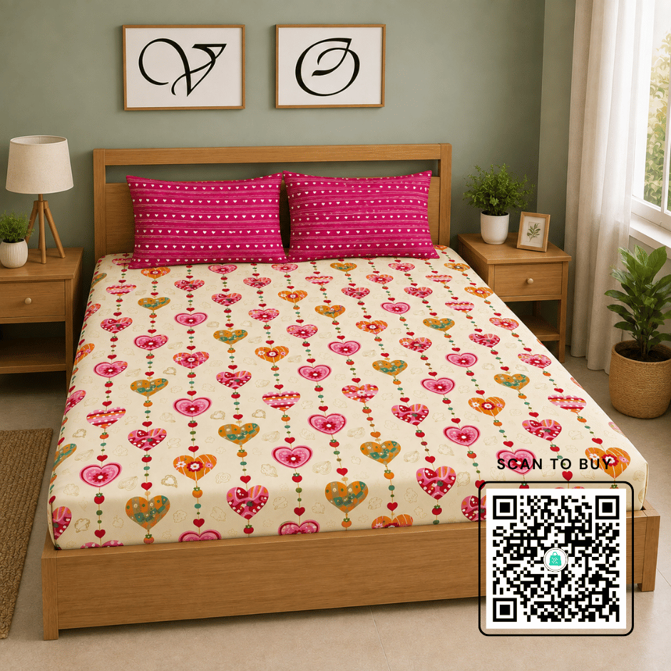 Scanshop India Cream-Coloured & Pink Floral Queen Bedsheet