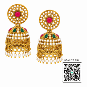 Scanshop India Gold-Plated Kundan Studded And Pearls Beaded Dome Shaped Jhumkas