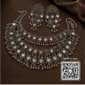 Scanshop India Oxidized Mirror Work Layered Necklace & Earrings