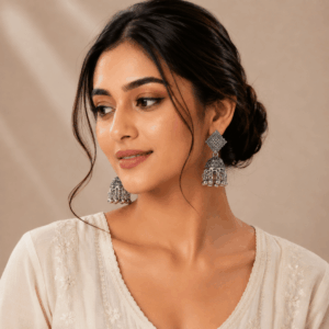 Scanshop India Silver-Plated Oxidised Dome Shaped Jhumkas Earrings