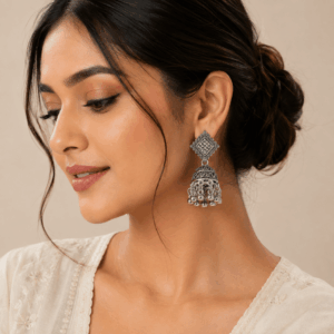 Scanshop India Silver-Plated Oxidised Dome Shaped Jhumkas Earrings