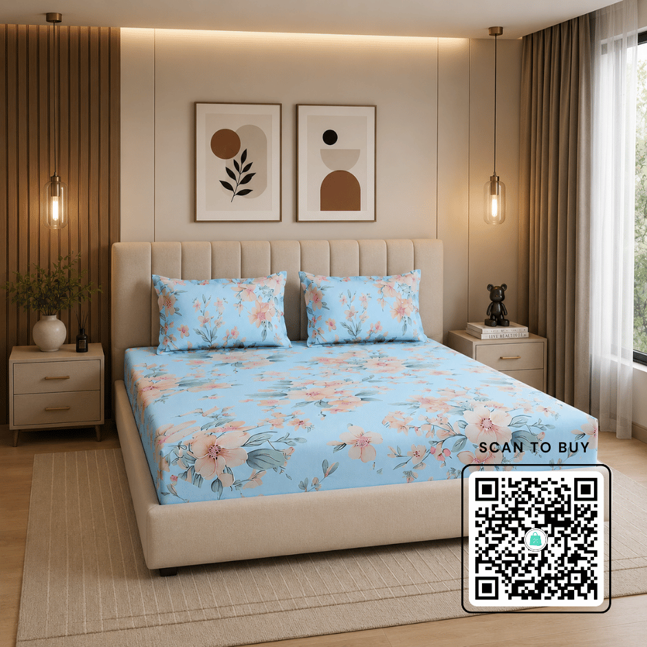 Scanshop India Turquoise Blue Floral Microfiber 210TC Fitted Double Queen Bedsheet