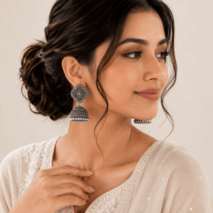 Scanshop India Silver-Plated Oxidised Dome Shaped Jhumkas Earrings