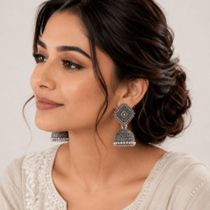 Scanshop India Silver-Plated Oxidised Dome Shaped Jhumkas Earrings