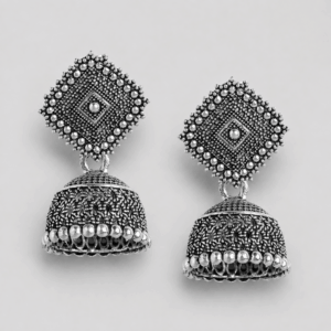 Scanshop India Silver-Plated Oxidised Dome Shaped Jhumkas Earrings