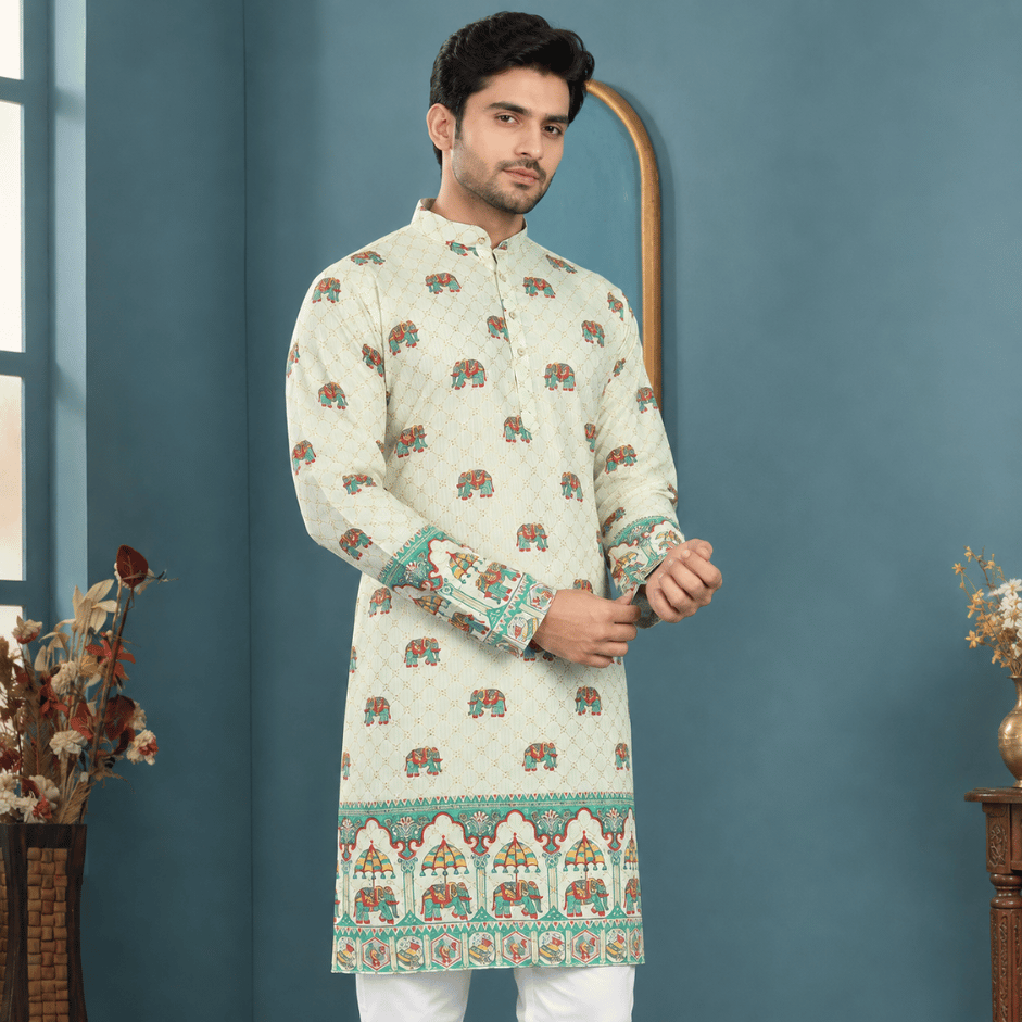 Krishna Ethnic Men Gajraj Royale Ivory Printed Kurta (2)
