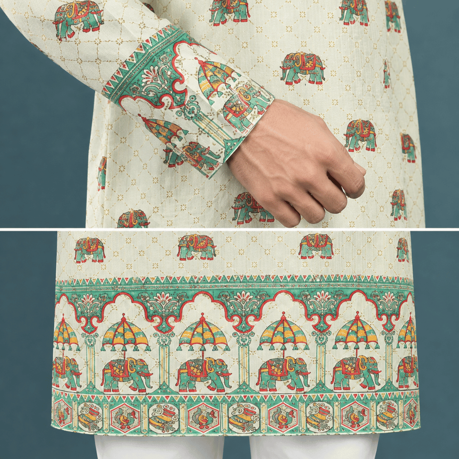 Krishna Ethnic Men Gajraj Royale Ivory Printed Kurta (3)