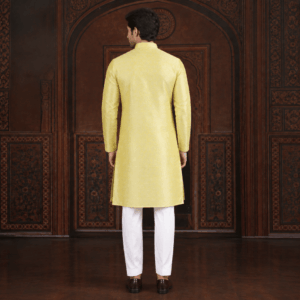 Krishna Ethnic Men Lemon Yellow Woven Design Art Silk Straight Kurtas