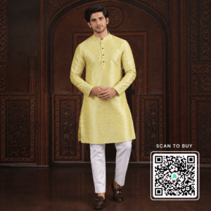 Krishna Ethnic Men Lemon Yellow Woven Design Art Silk Straight Kurtas