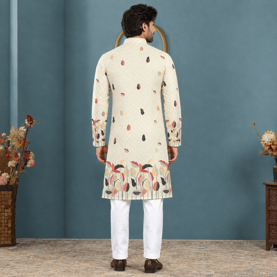 Krishna Ethnic Men Rangrez Leaf Ivory Printed Kurta (1)
