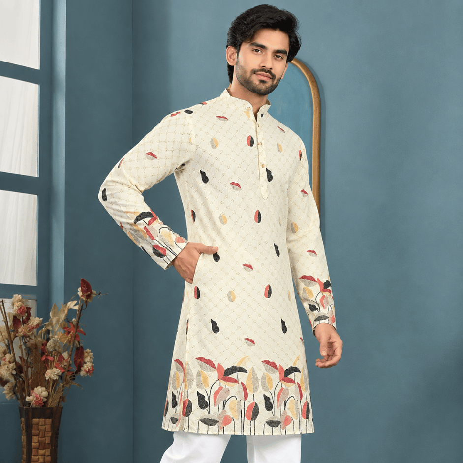 Krishna Ethnic Men Rangrez Leaf Ivory Printed Kurta (3)