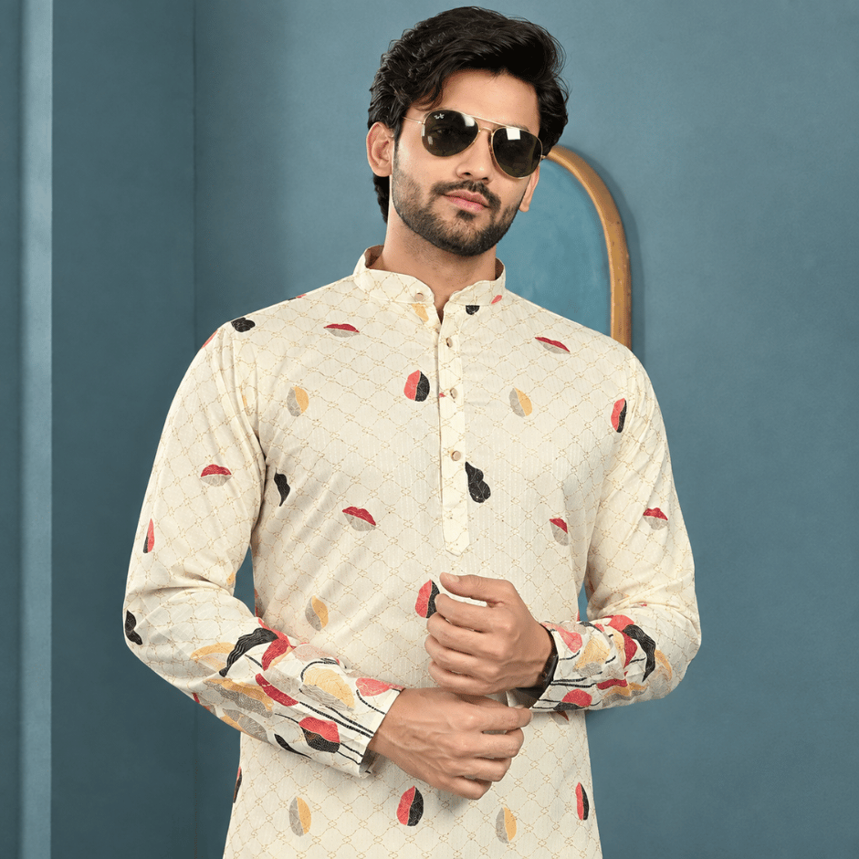 Krishna Ethnic Men Rangrez Leaf Ivory Printed Kurta (3)
