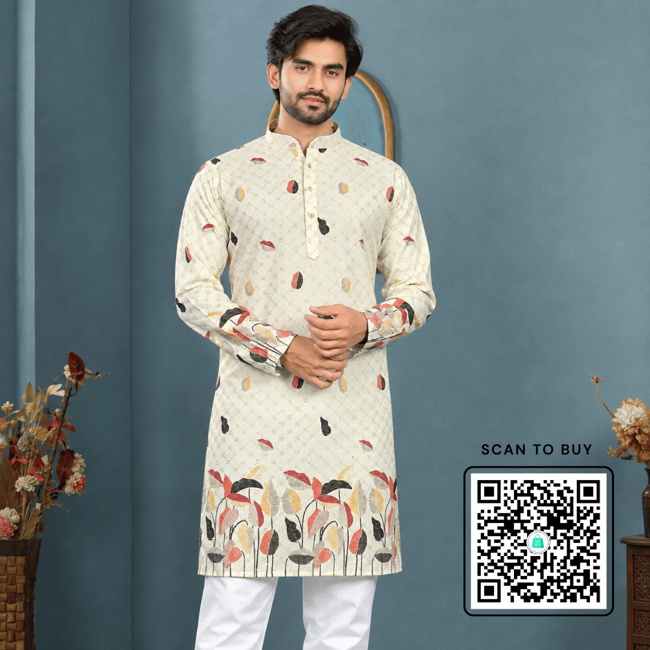 Krishna Ethnic Men Rangrez Leaf Ivory Printed Kurta