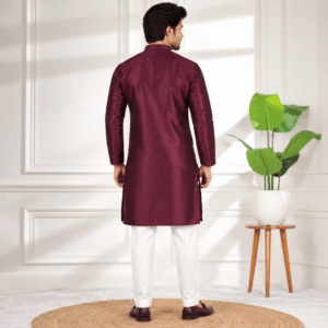 Krishna Ethnic Men Wine Woven Design Art Silk Straight Kurtas (1)