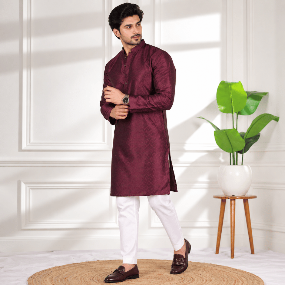 Krishna Ethnic Men Wine Woven Design Art Silk Straight Kurtas (2)