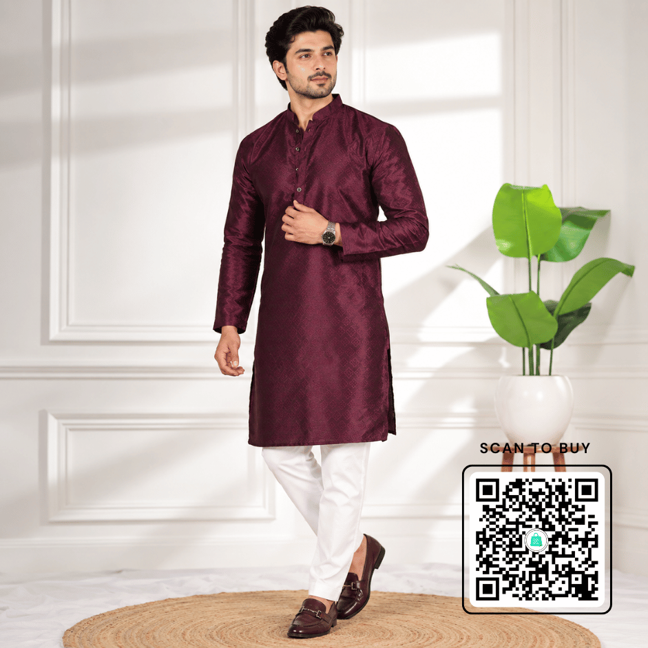 Krishna Ethnic Men Wine Woven Design Art Silk Straight Kurtas