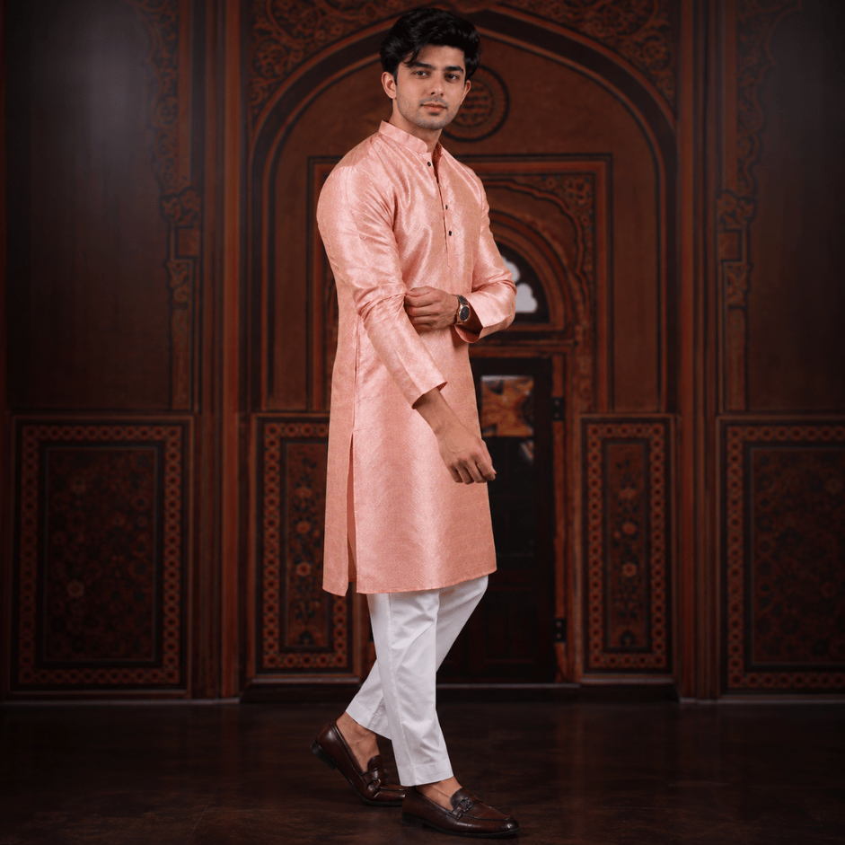 Krishna ethnic Men Pink Woven Design Straight Kurtas (2)